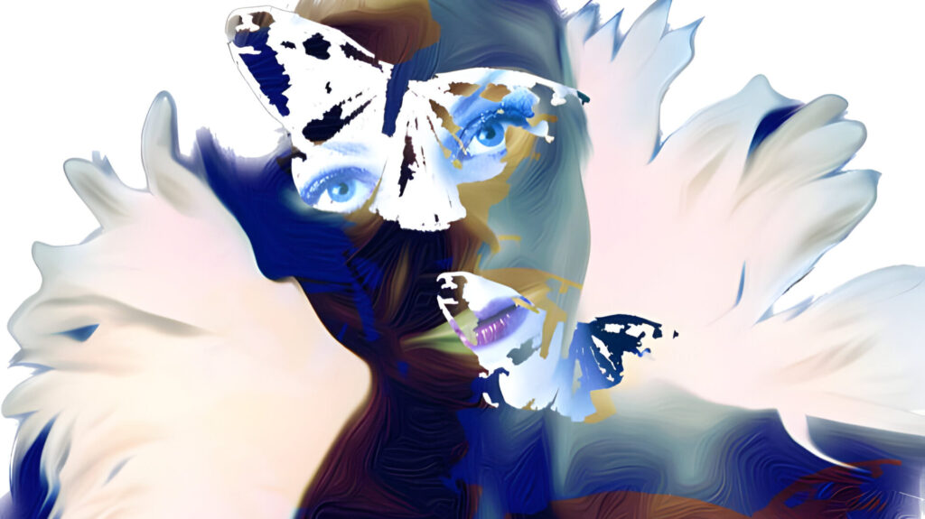 Abstract digital portrait of Dark Blonde (Birgit Fischer) with butterflies over their eyes and mouth. The figure is adorned with a voluminous fur-like garment, blending into a fluid, painterly background of soft blues, whites, and earthy tones. The image has a dreamlike quality, with sharp, contrasting elements and an ethereal, surreal atmosphere.